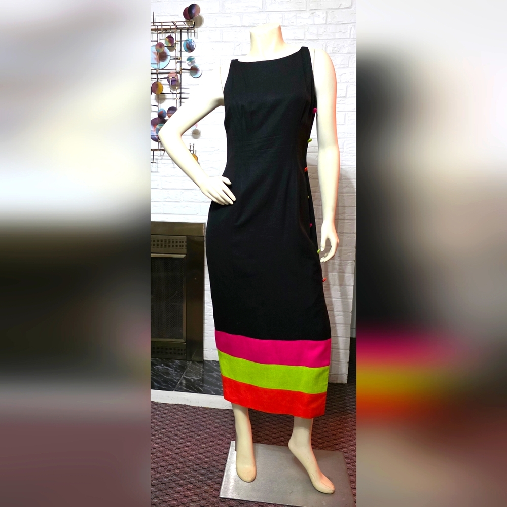 DEBORAH LAWS | Elegant Black Maxi Dress with Colorful Stripes.